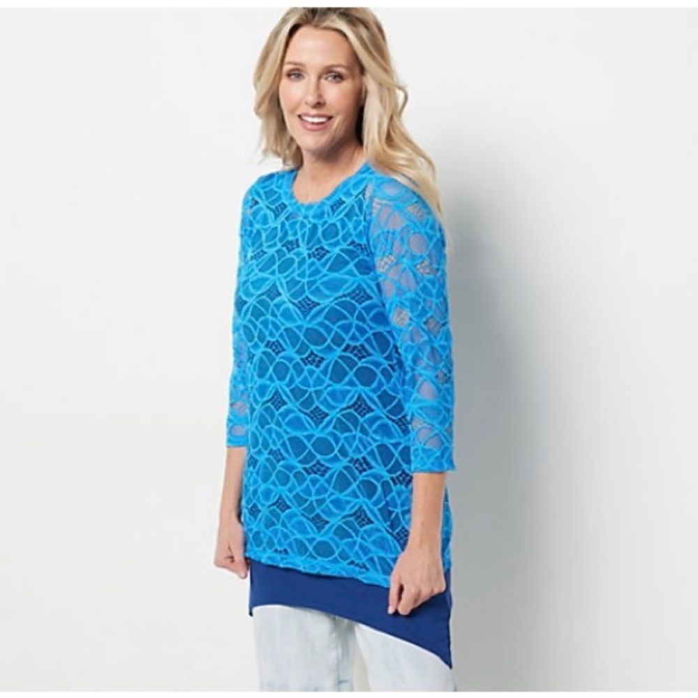 LOGO by Lori Goldstein Lace Sheer 3/4-Sleeve Tunic Top Ibiza Blue Large NWT